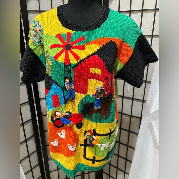 Raquel's Collection Black Knit Sweater FOLK ART. 3D FARM. VINTAGE SIZE L - Picture 4 of 11